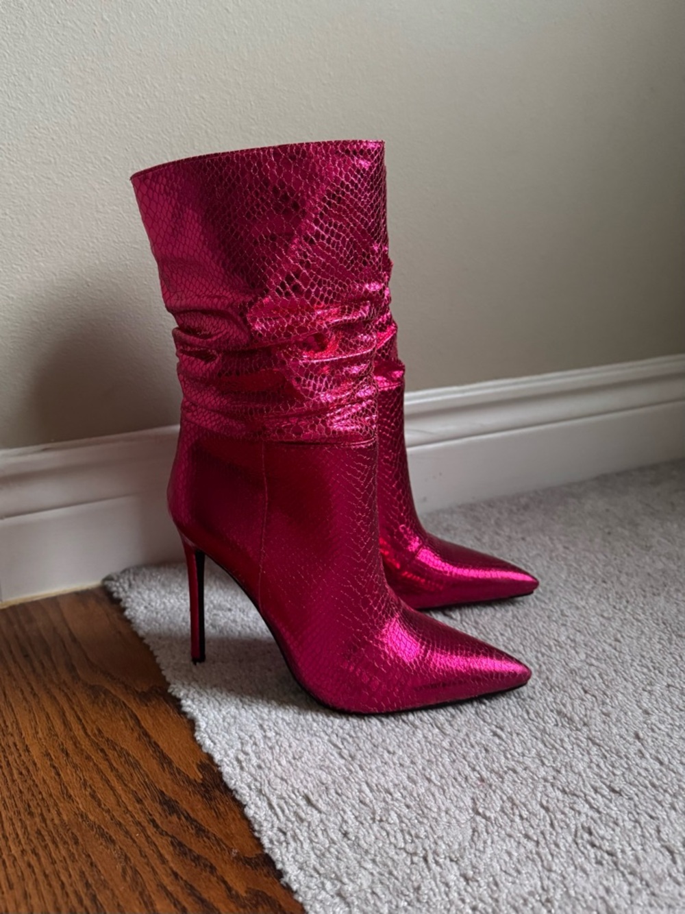 Metallic Fuchsia Pointed-Toe Stiletto Mid-Calf Boots